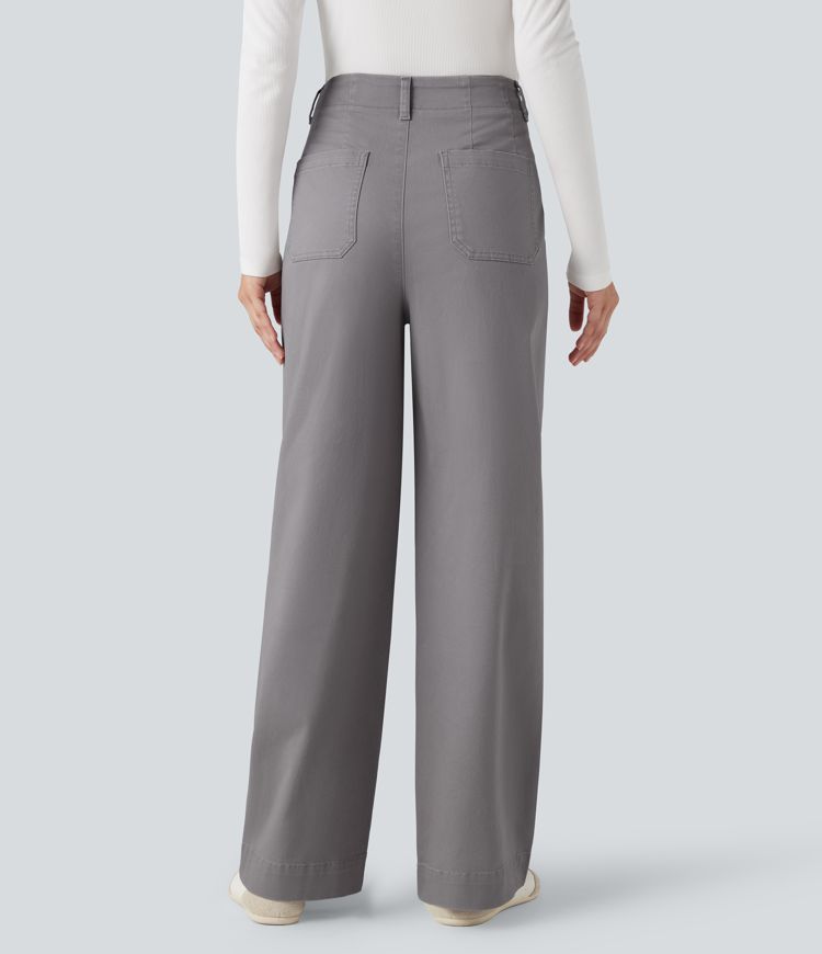 High Waisted Straight Leg Casual Chino Cotton Pants with Pockets