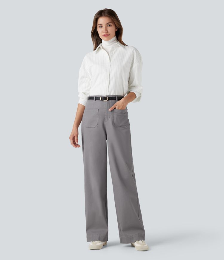 High Waisted Straight Leg Casual Chino Cotton Pants with Pockets