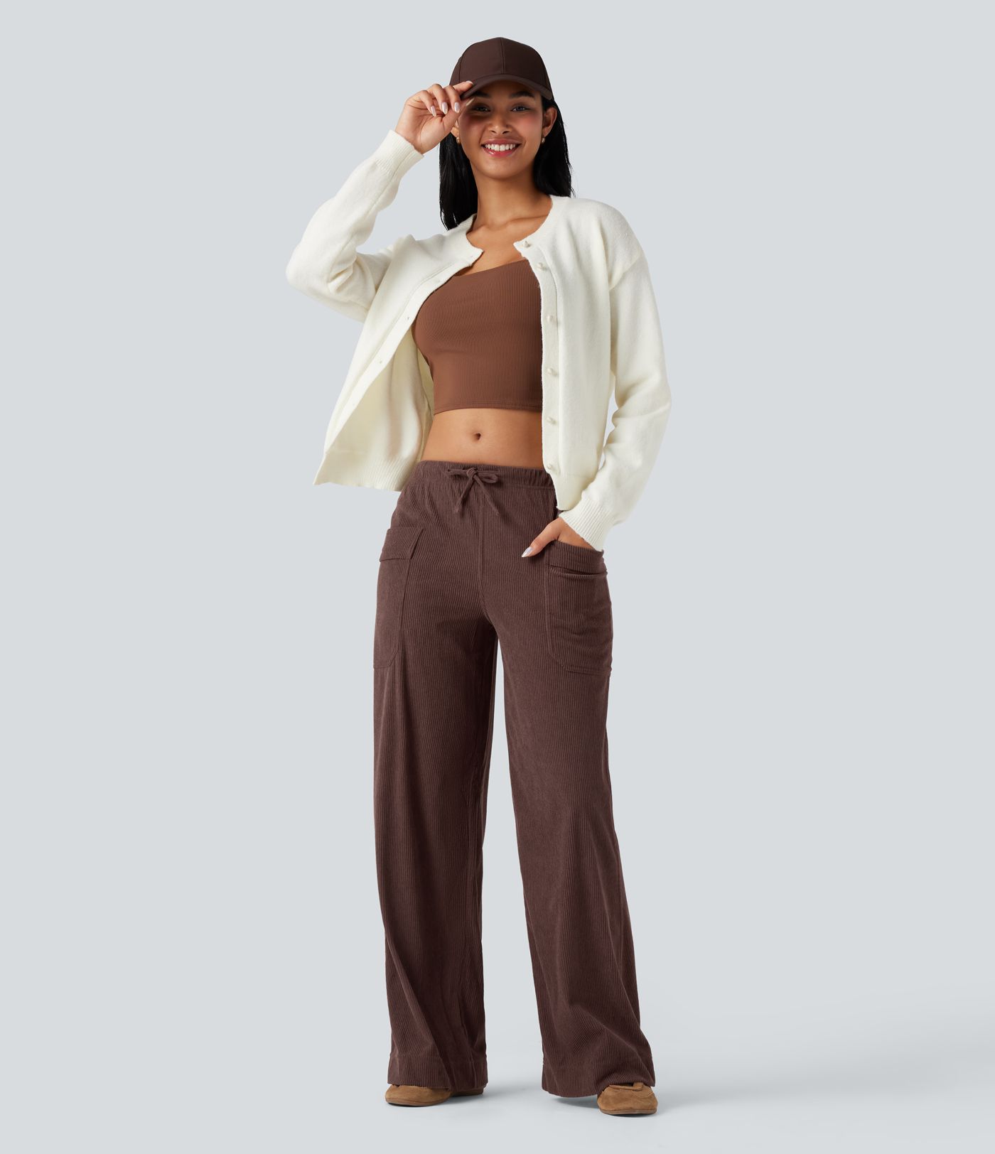 Pantalon décontracté large en velours côtelé, taille mi-haute, avec cordon et poches