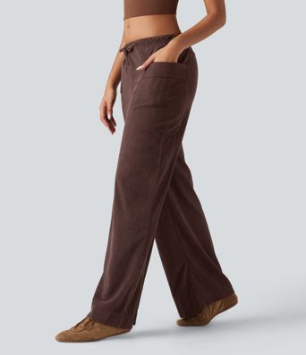 Pantalon décontracté large en velours côtelé, taille mi-haute, avec cordon et poches