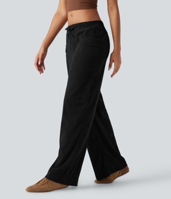 Mid Rise Drawstring Wide Leg Corduroy Casual Pants with Pockets