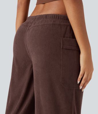 Pantalon décontracté large en velours côtelé, taille mi-haute, avec cordon et poches