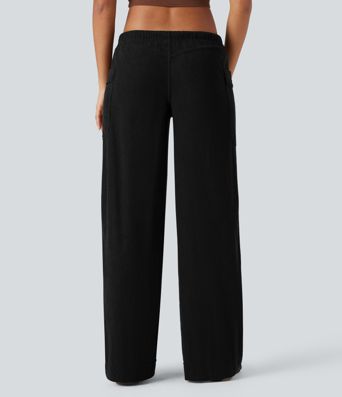 Mid Rise Drawstring Wide Leg Corduroy Casual Pants with Pockets