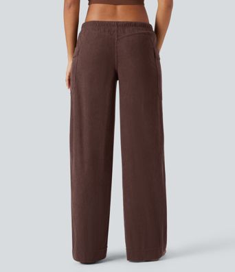 Pantalon décontracté large en velours côtelé, taille mi-haute, avec cordon et poches