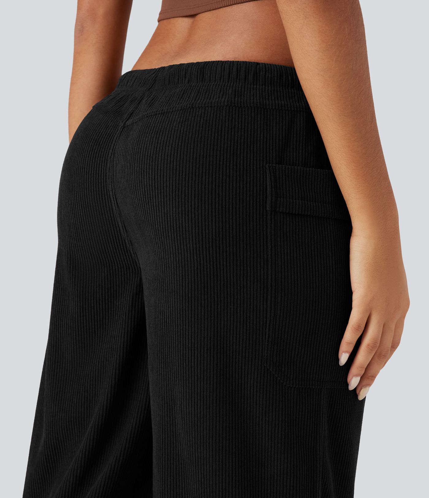 Mid Rise Drawstring Wide Leg Corduroy Casual Pants with Pockets