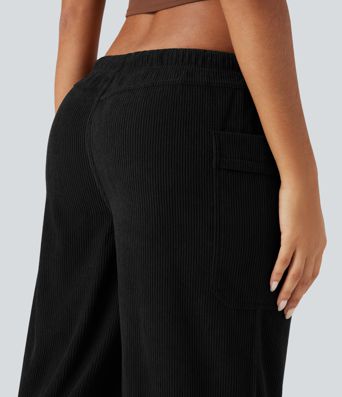 Mid Rise Drawstring Wide Leg Corduroy Casual Pants with Pockets