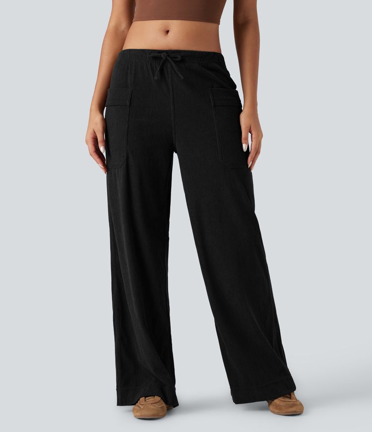 Mid Rise Drawstring Wide Leg Corduroy Casual Pants with Pockets