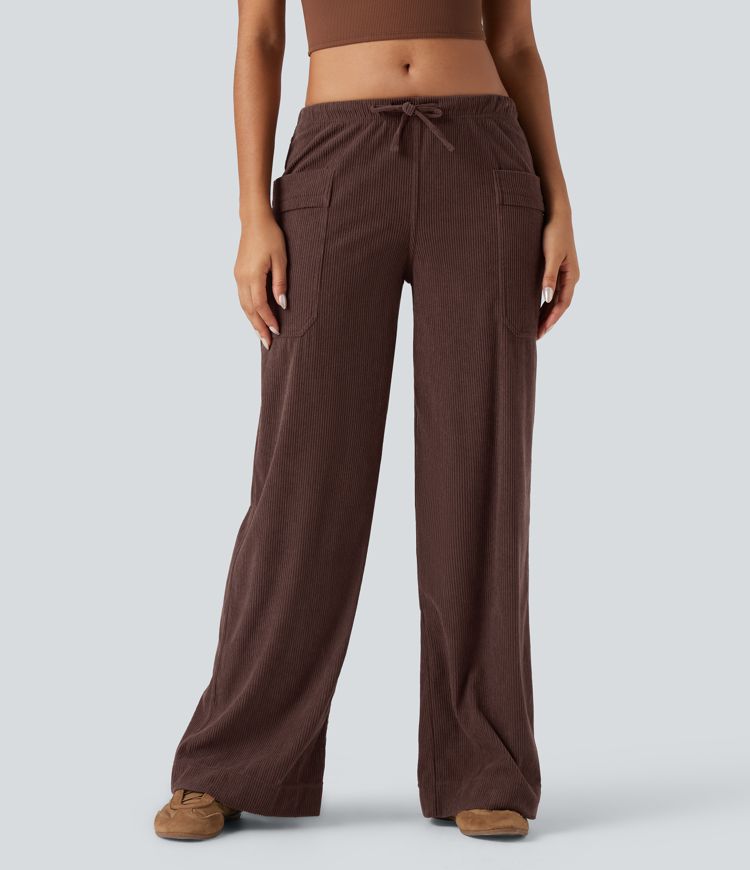Mid Rise Drawstring Wide Leg Corduroy Casual Trousers with Pockets
