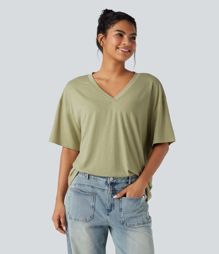 V-neck Short Sleeve Relaxed Women Oversized Casual Top