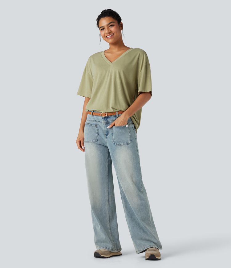 V-neck Short Sleeve Relaxed Women Oversized Casual Top