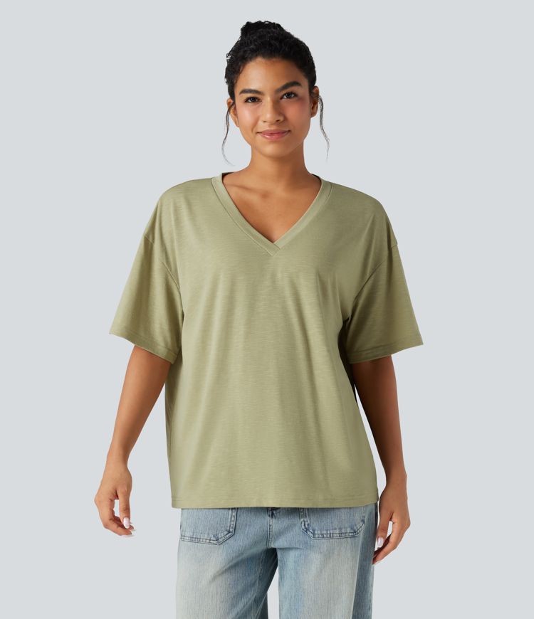 V-neck Short Sleeve Relaxed Women Oversized Casual Top