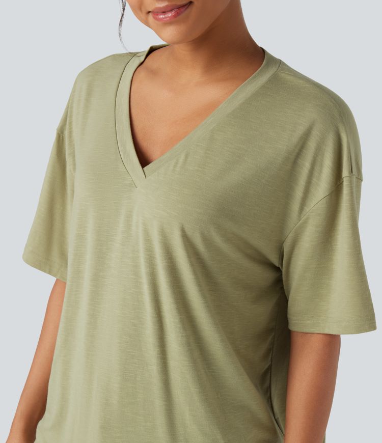 V-neck Short Sleeve Relaxed Women Oversized Casual Top