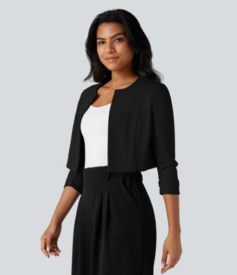 Round Neck 3/4 Sleeve Cropped Work Blazer