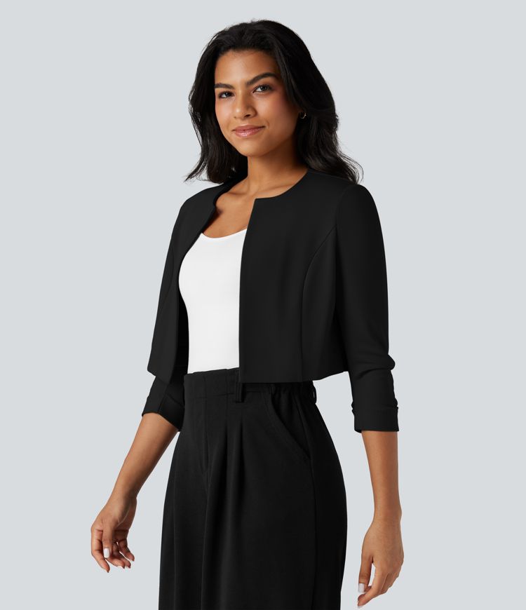 Round Neck 3/4 Sleeve Cropped Work Blazer