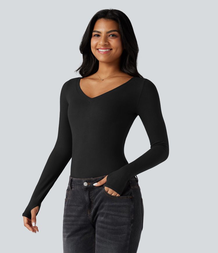 V Neck Long Sleeve Thumb Hole Casual Warming Top