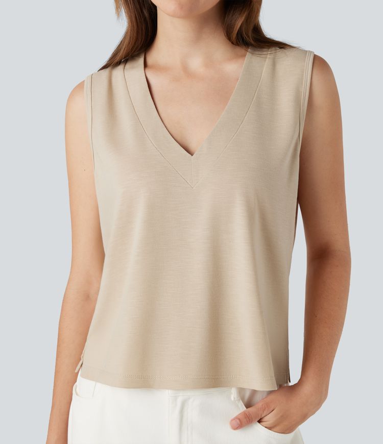 V-neck Sleeveless Split Hem Casual Top