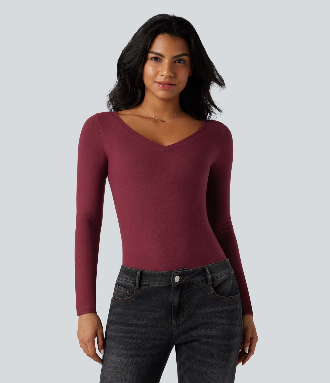 Top réchauffant col V manches longues avec trous pouces