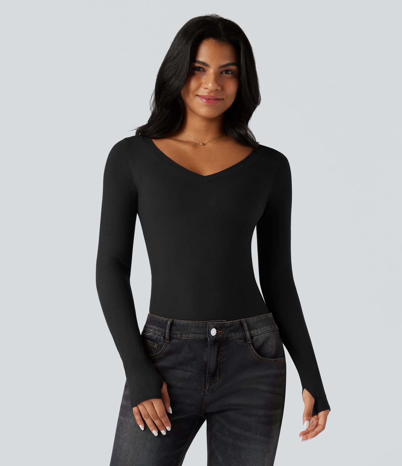 Halara HeatCore V Neck Long Sleeve Thumb Hole Casual Warming Top