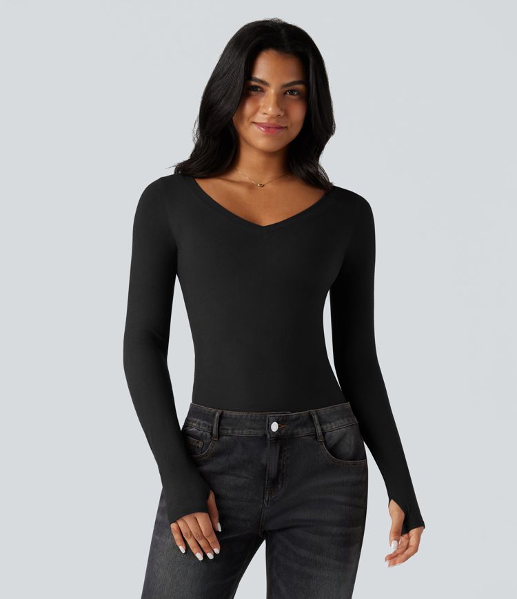 Halara HeatCore V Neck Long Sleeve Thumb Hole Casual Warming Top