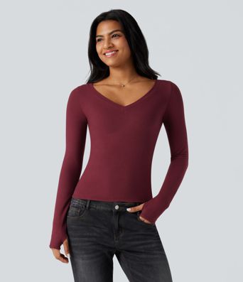 Halara HeatCore V Neck Long Sleeve Thumb Hole Casual Warming Top