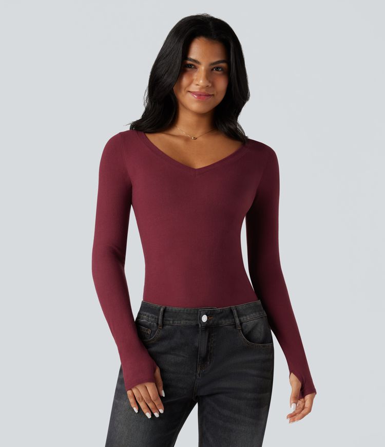 Halara HeatCore V Neck Long Sleeve Thumb Hole Casual Warming Top