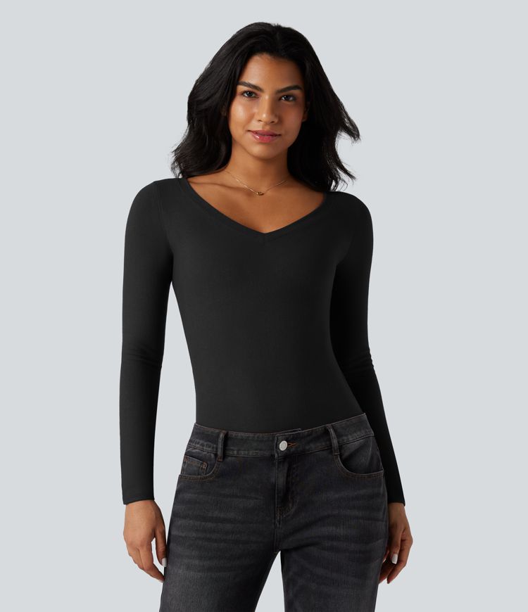 V Neck Long Sleeve Thumb Hole Casual Warming Top