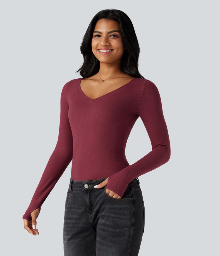 Top réchauffant col V manches longues avec trous pouces