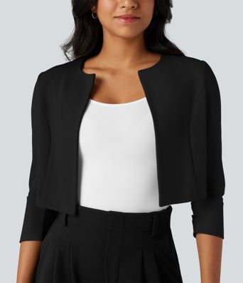 Round Neck 3/4 Sleeve Cropped Work Blazer