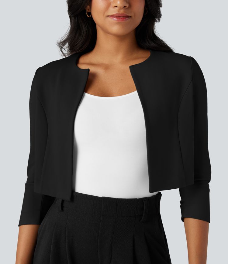 Round Neck 3/4 Sleeve Cropped Work Blazer