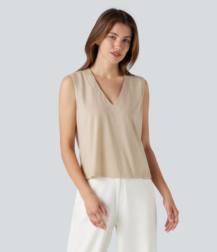 V-neck Sleeveless Split Hem Casual Top