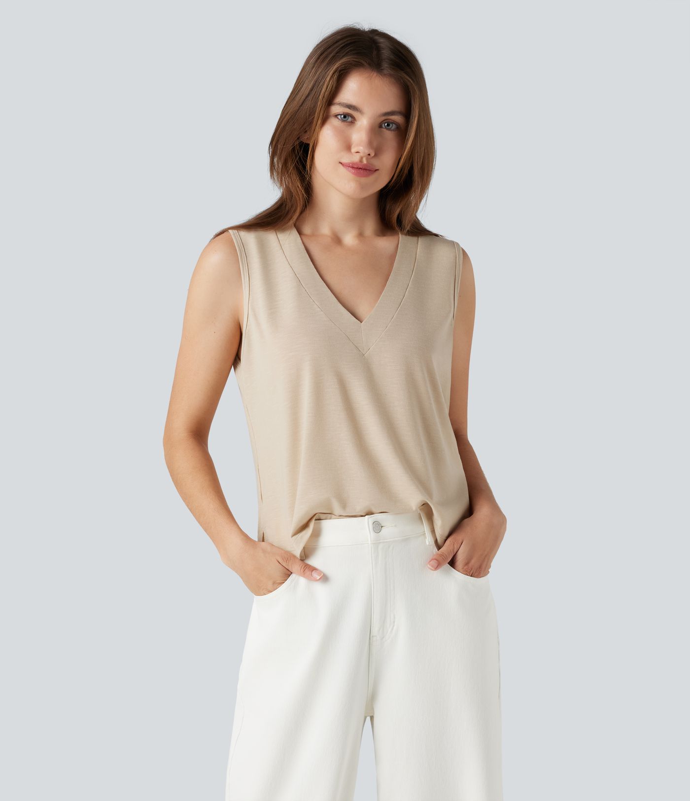 V-neck Sleeveless Split Hem Casual Top
