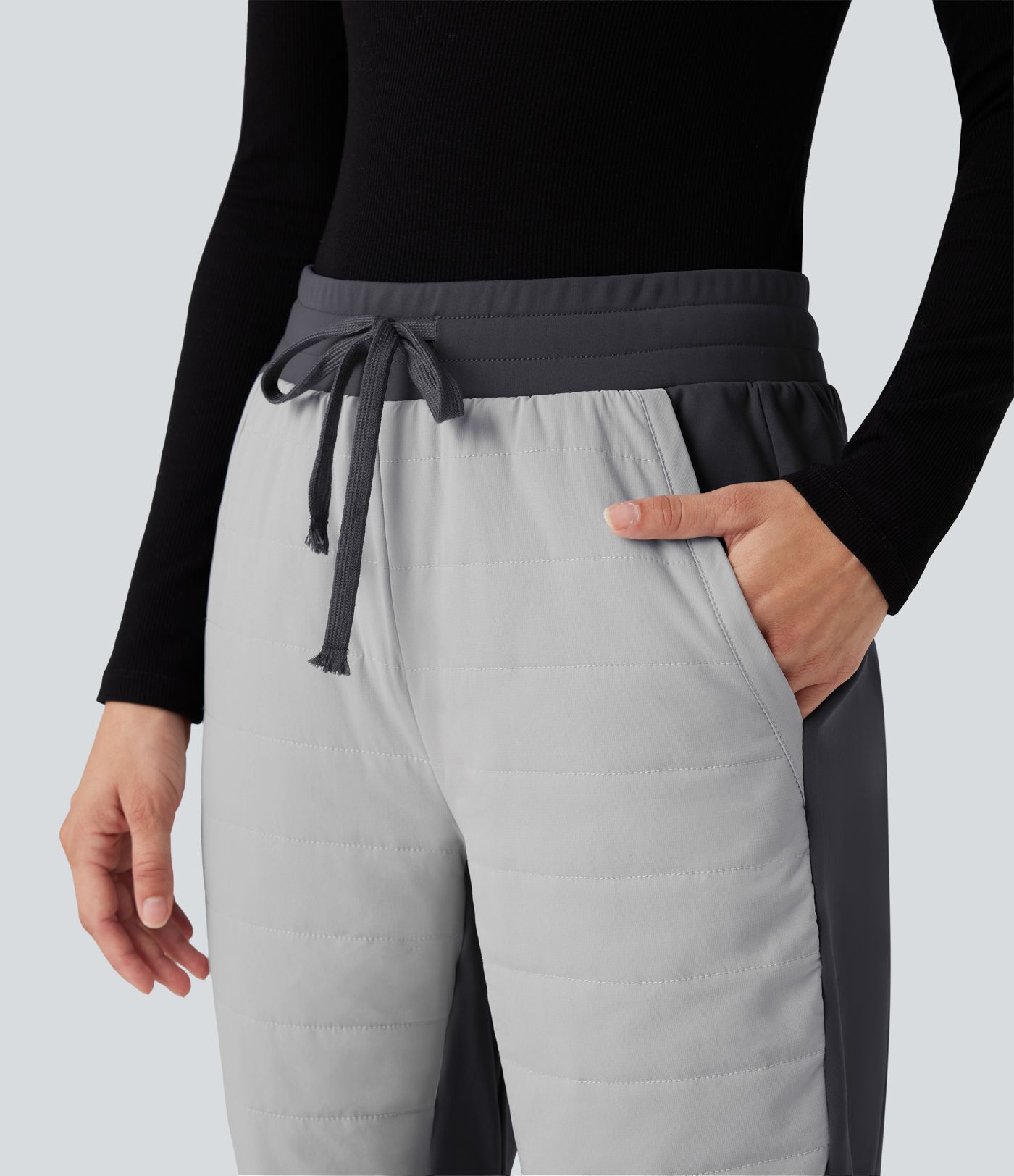 High Waisted Drawstring Color Block Fleece Hiking Quilted Joggers with Pockets