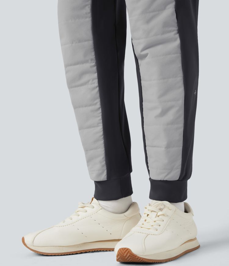 High Waisted Drawstring Color Block Fleece Hiking Quilted Joggers with Pockets