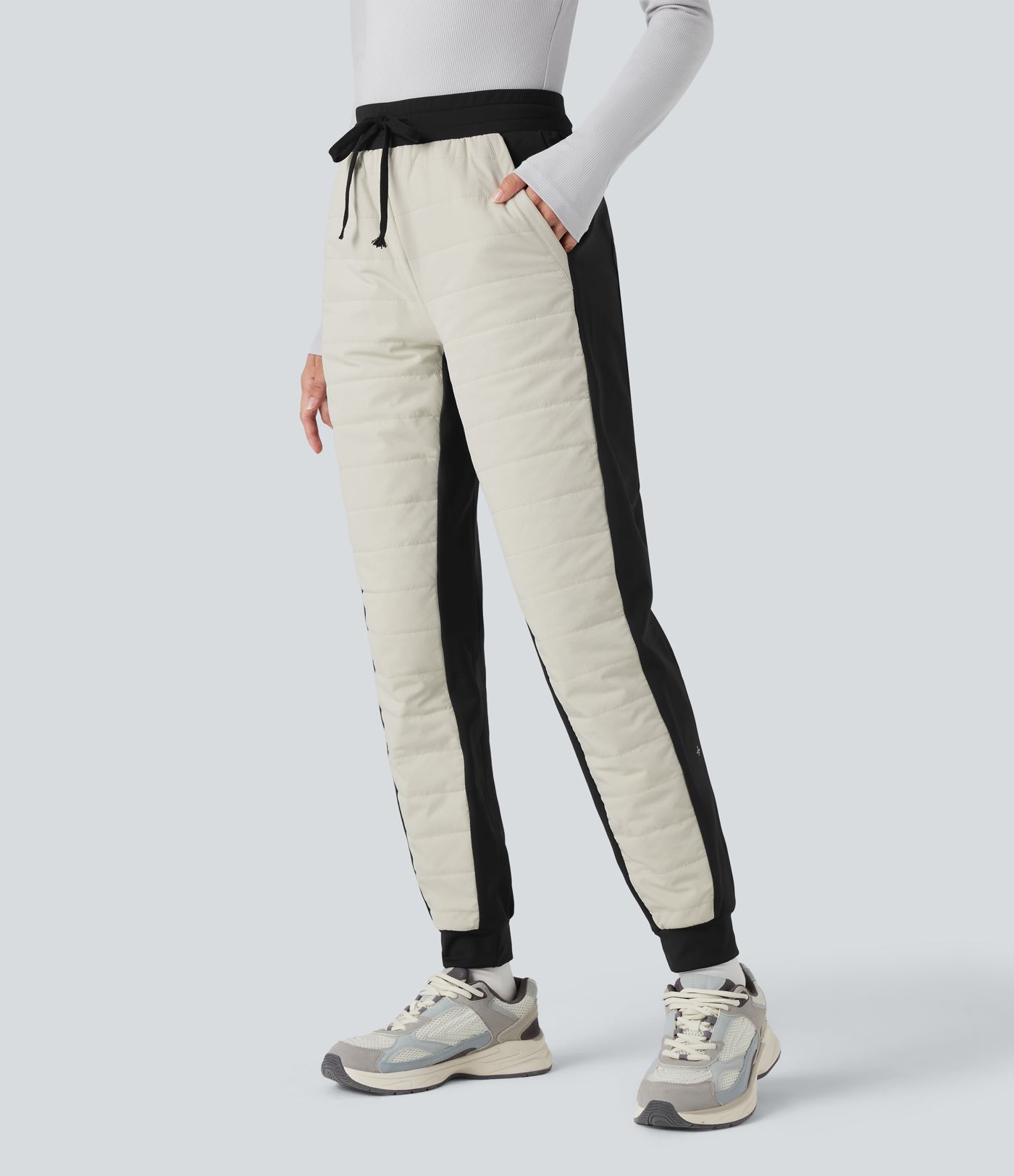 High Waisted Drawstring Color Block Fleece Hiking Quilted Joggers with Pockets