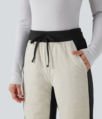 High Waisted Drawstring Color Block Fleece Hiking Quilted Joggers with Pockets