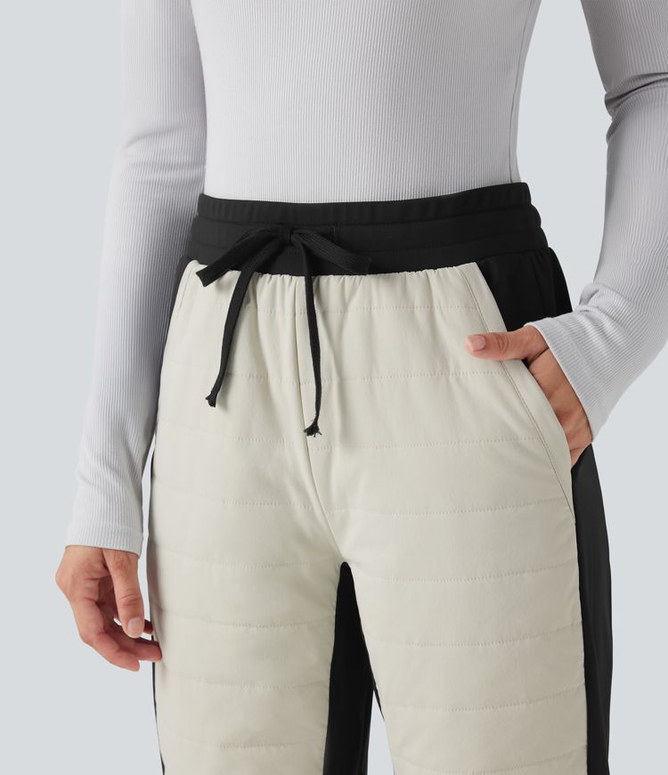 High Waisted Drawstring Color Block Fleece Hiking Quilted Joggers with Pockets