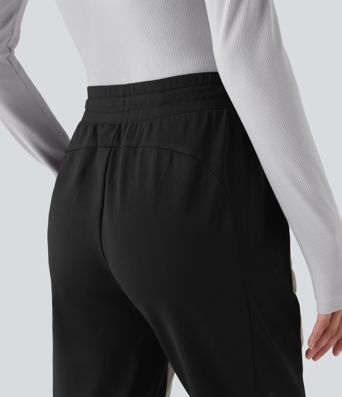 High Waisted Drawstring Color Block Fleece Hiking Quilted Joggers with Pockets