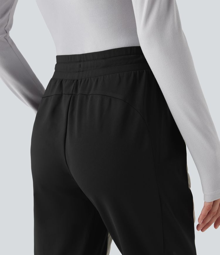 High Waisted Drawstring Color Block Fleece Hiking Quilted Joggers with Pockets