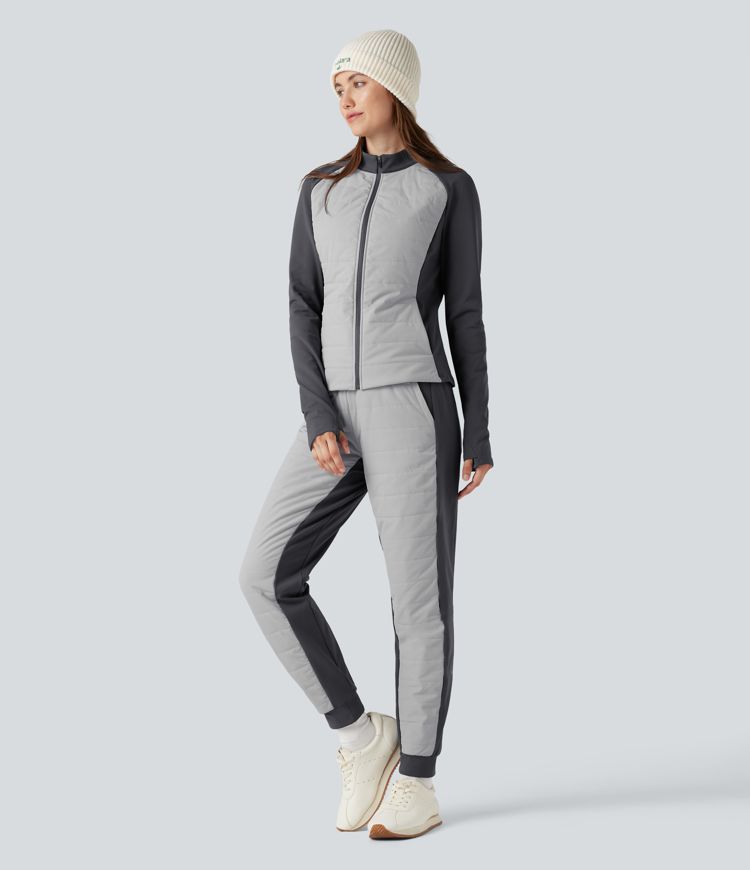 High Waisted Drawstring Color Block Fleece Hiking Quilted Joggers with Pockets