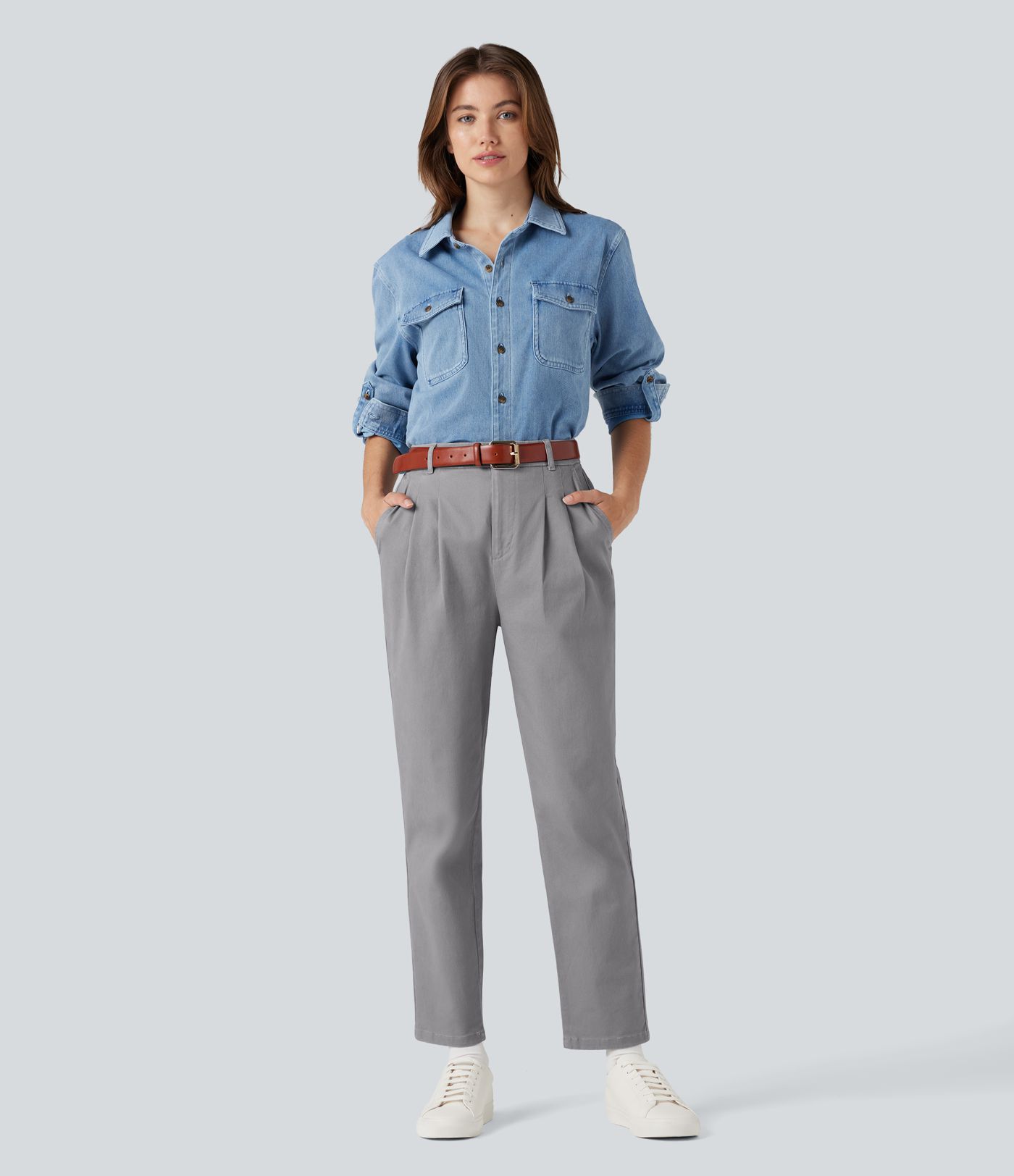 High Waisted Slim Casual Chino Cotton Pants with Pockets