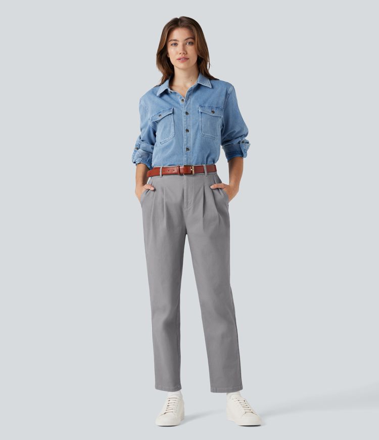 High Waisted Slim Casual Chino Cotton Pants with Pockets