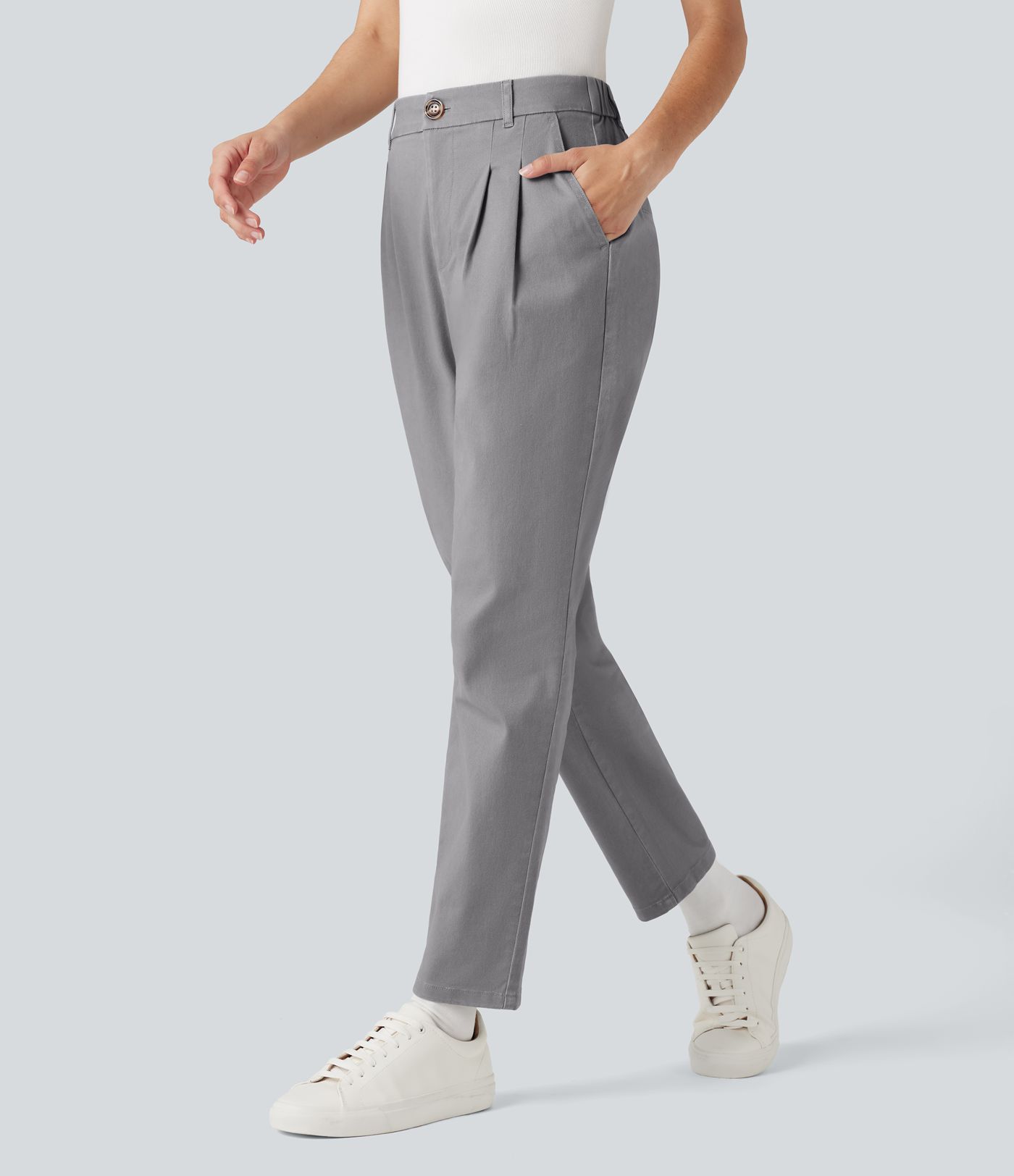High Waisted Slim Casual Chino Cotton Pants with Pockets