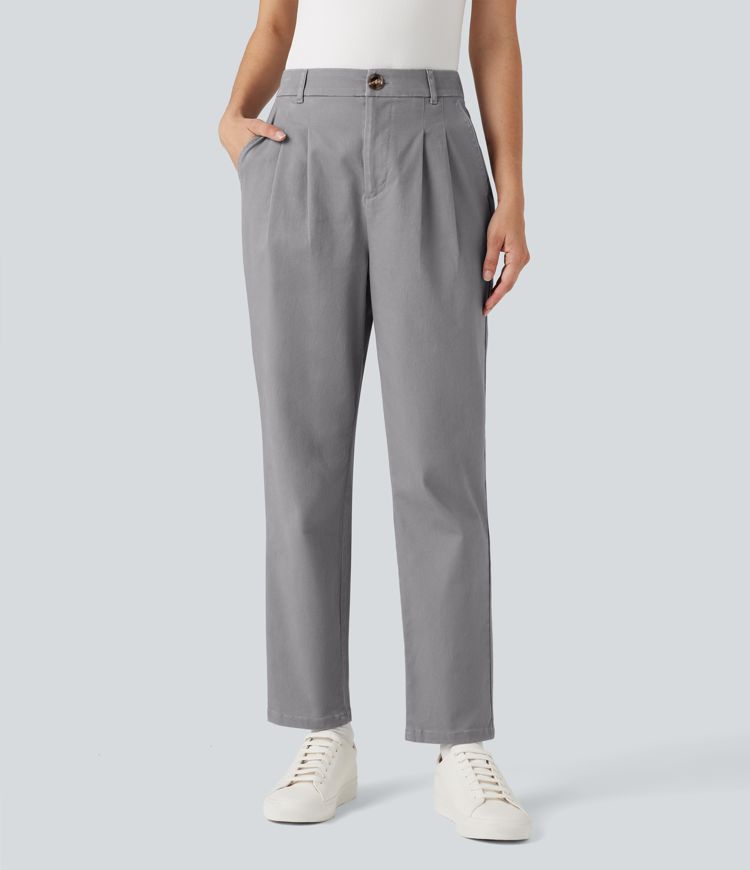 High Waisted Slim Casual Chino Cotton Pants with Pockets