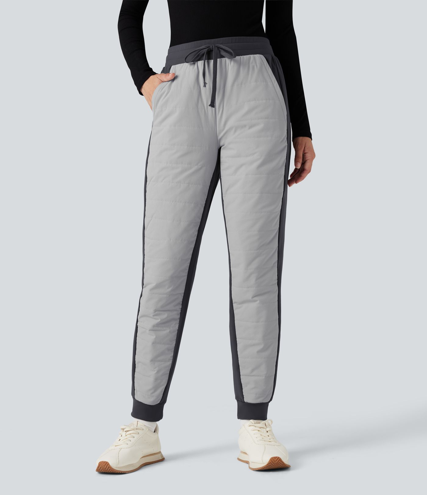 High Waisted Drawstring Color Block Fleece Hiking Quilted Joggers with Pockets