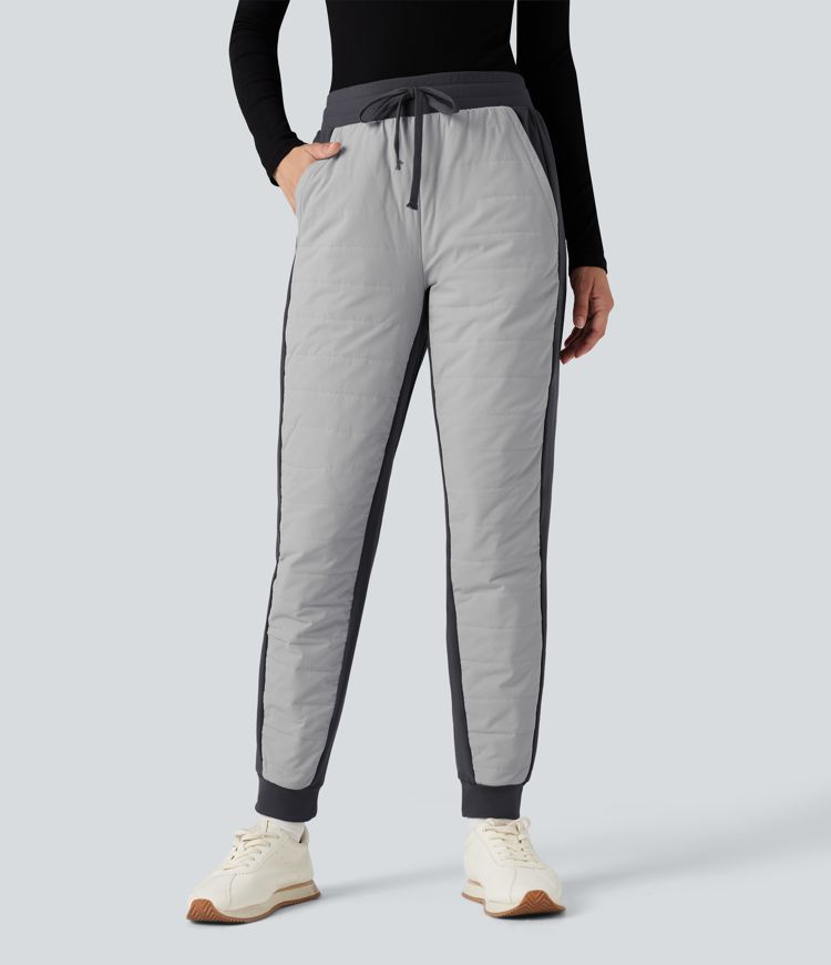 High Waisted Drawstring Color Block Fleece Hiking Quilted Joggers with Pockets