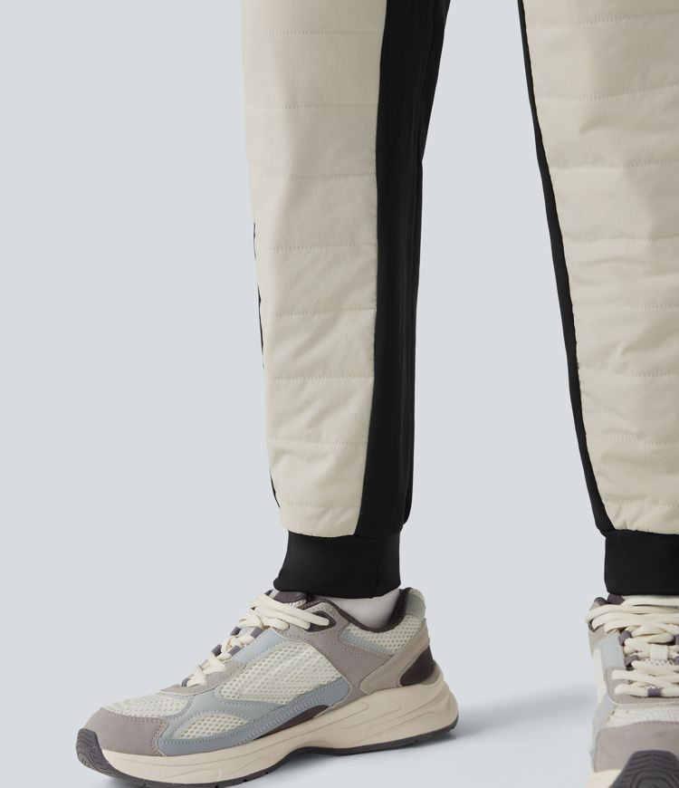 High Waisted Drawstring Color Block Fleece Hiking Quilted Joggers with Pockets