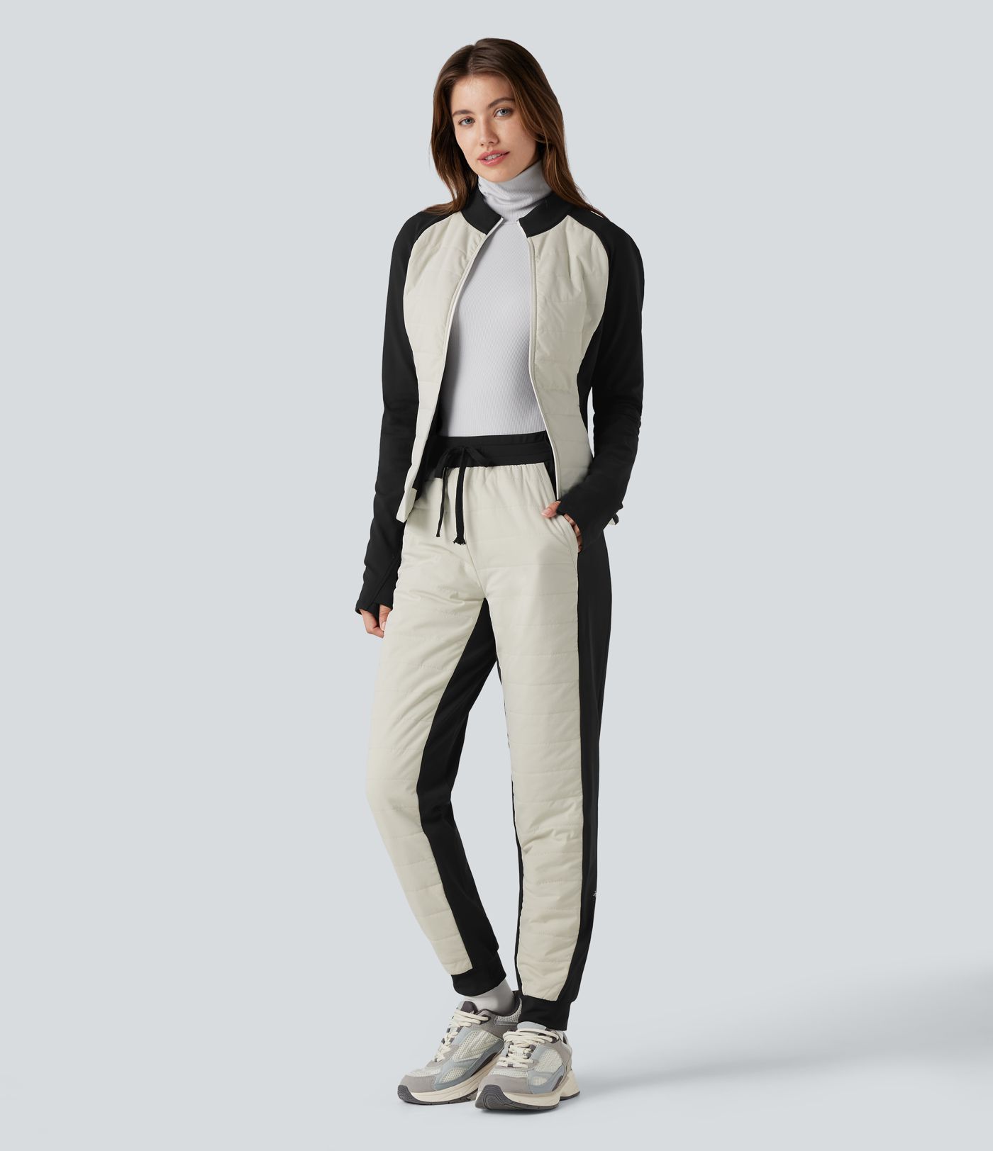 High Waisted Drawstring Color Block Fleece Hiking Quilted Joggers with Pockets