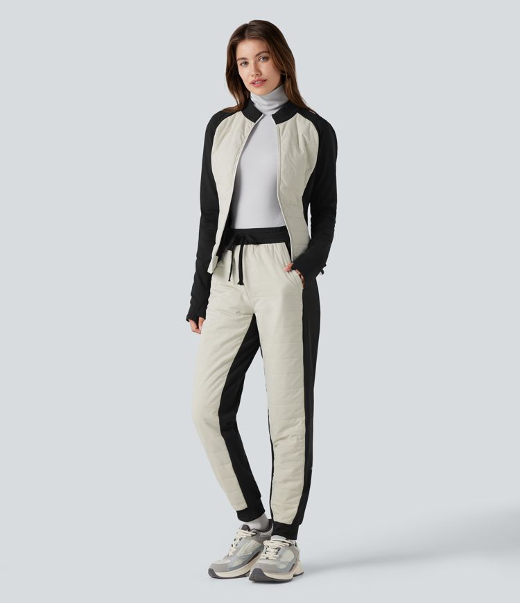 High Waisted Drawstring Color Block Fleece Hiking Quilted Joggers with Pockets