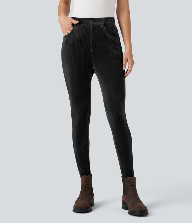 Ribbed Velvet High Waisted Casual Trousers with Pockets 