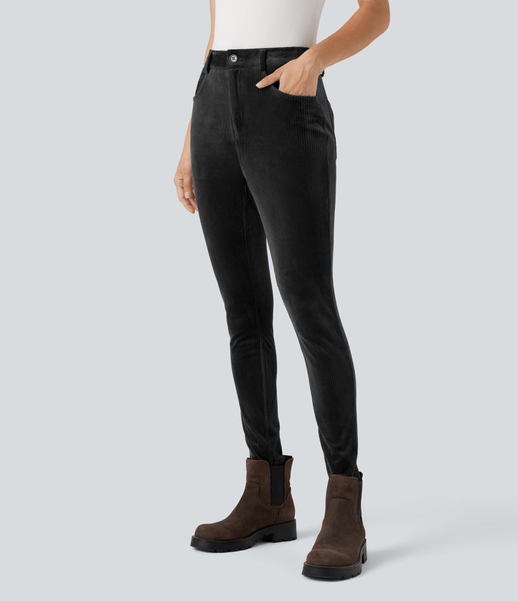 Ribbed Velvet High Waisted Casual Pants with Pockets